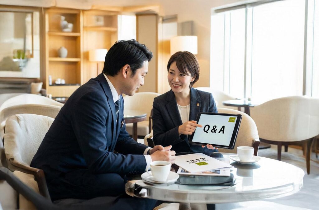 ホテルのラウンジにて、KANJI TOKYOの女性営業担当者が「Q&A」と表示されたタブレットを指差しながら、男性ホテルマネージャーに提携プログラムについて説明している商談風景。
