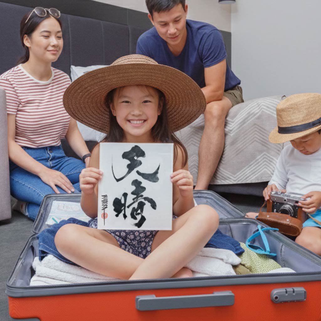 ホテルの客室で、スーツケースに入りながら「天晴」と書かれた書道アートを手に持ち、満面の笑みを見せる少女と、その様子を見守るパトス様ご家族。KANJI TOKYO宿泊先配送サービスの利用事例。