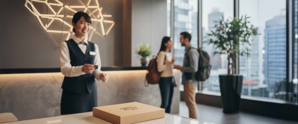 A KANJI TOKYO delivery box placed on a hotel front desk counter, with a smiling receptionist and guests in the blurred background.