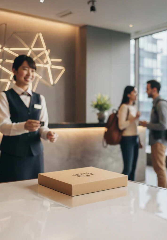 A KANJI TOKYO delivery box placed on a hotel front desk counter, with a smiling receptionist and guests in the blurred background.